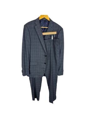 Indochino Mens 44L Tall 36X31 Gray Windowpane 100% Wool 2 Piece Suit Paisley